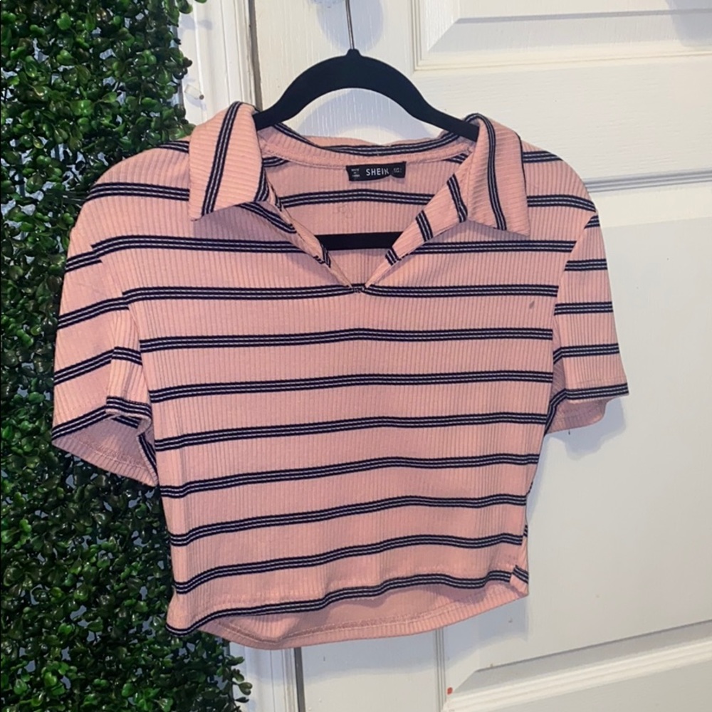 SheIn Pink and Black Striped Womens Crop T-Shirt.
